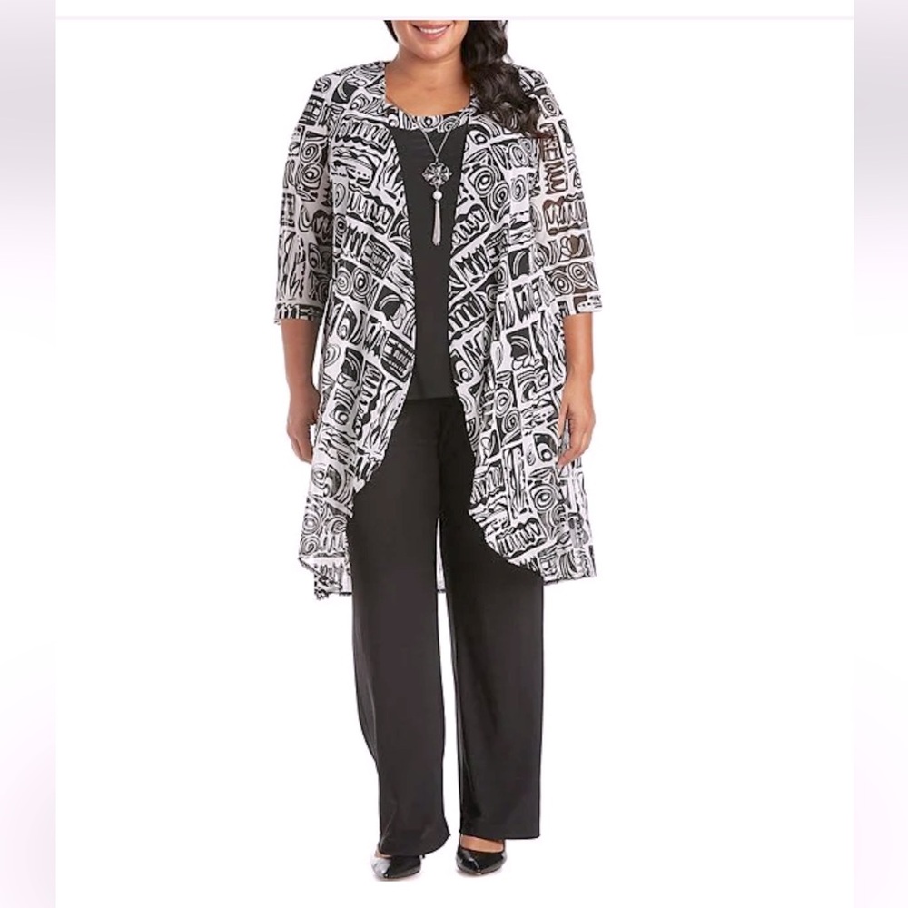 Plus Size Printed Matte Jersey 3 Piece Duster Pant Set.